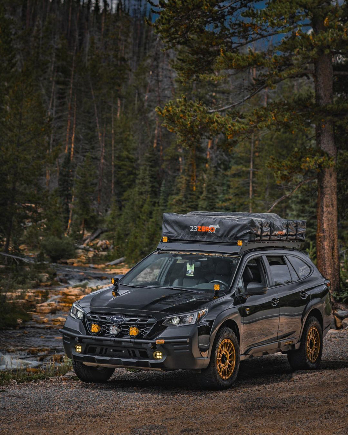 Subaru wagon with a rooftop tent parked among trees