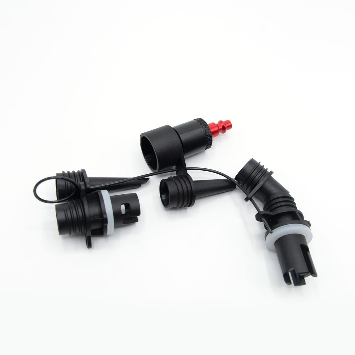 Marine Inflatable Adapter set spread out showing all six valve attachments and the hose adapter