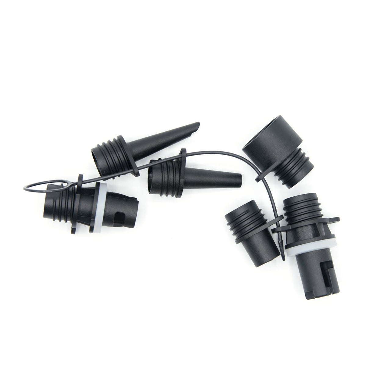 Marine Inflatable Adapter's six valve attachments and hose adapter, final product photo on white background