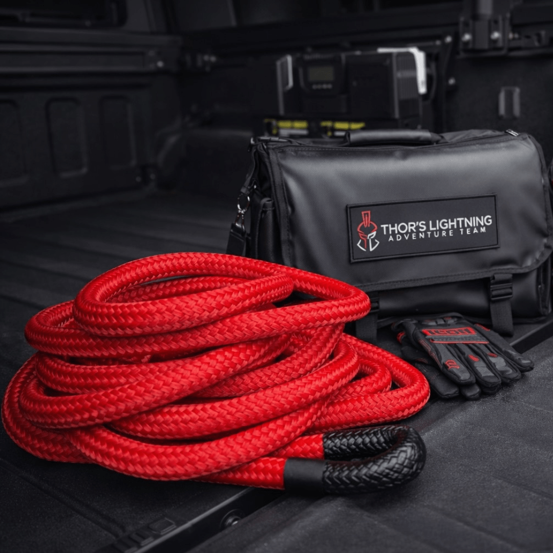 Thor's Lightning Air System storage bag – bag open beside a red recovery rope and gloves