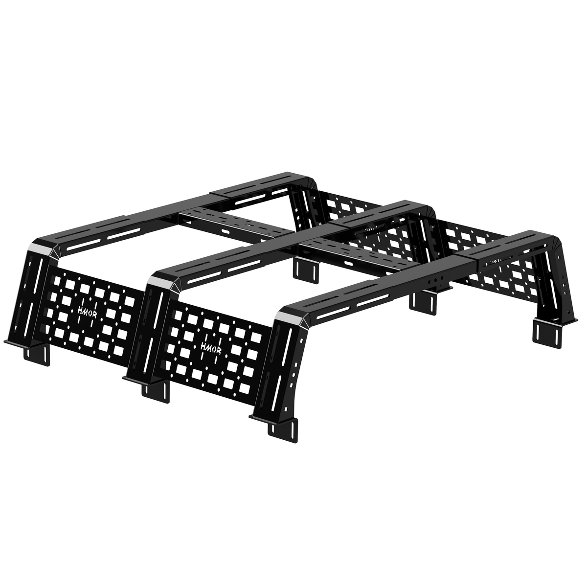 HMOR ROCK-IT bed rack for 2023-2026 Ford Super Duty, black powder-coated render, 12 in height with MOLLE side panels