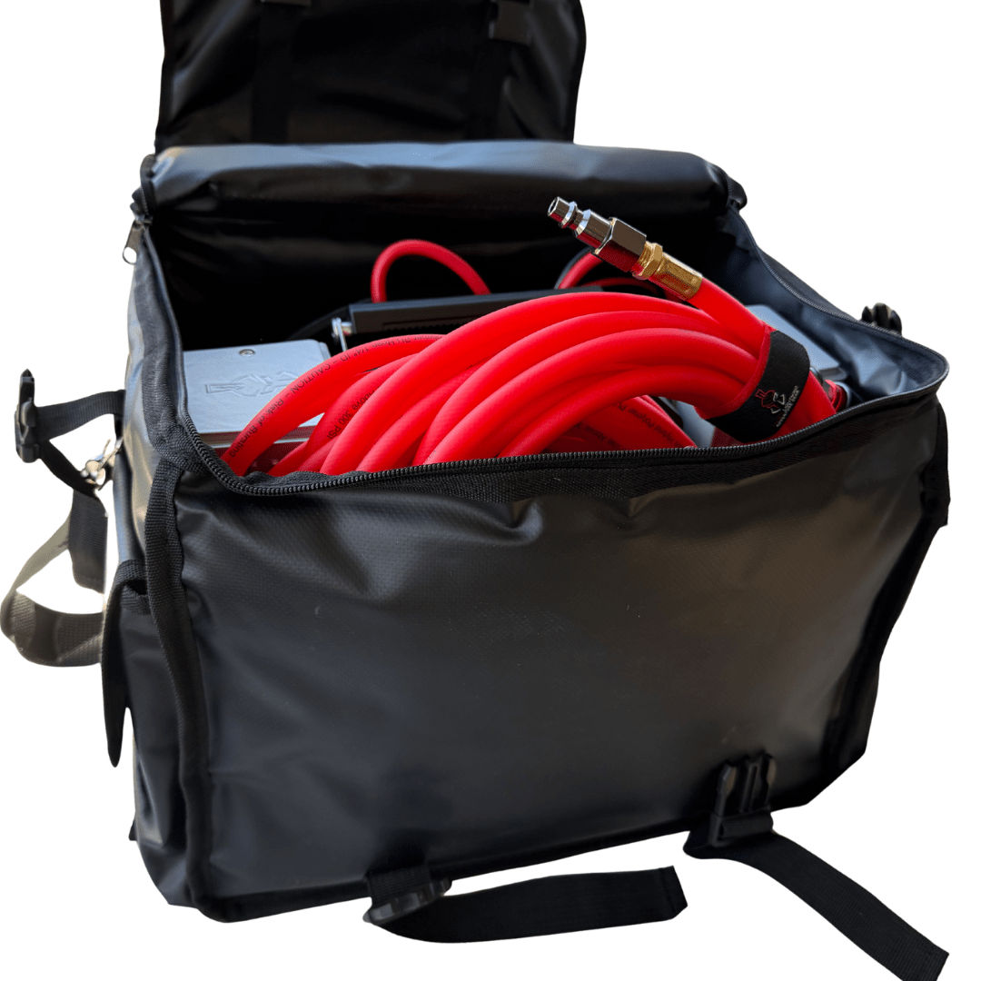 Thor's Lightning Air System storage bag – bag open with red air hose inside