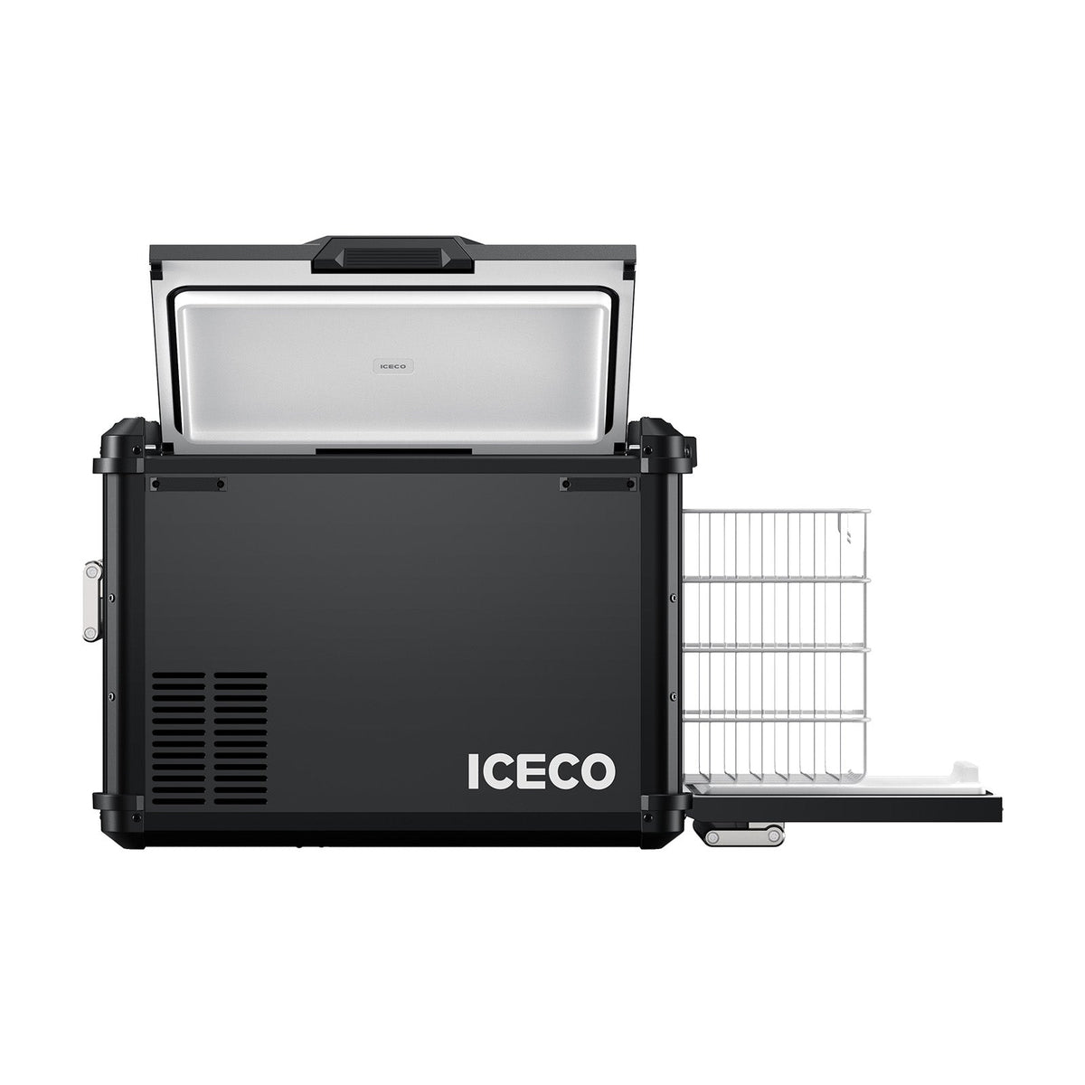 ICECO VL45Plus front view with the lid open and the side drawer pulled out
