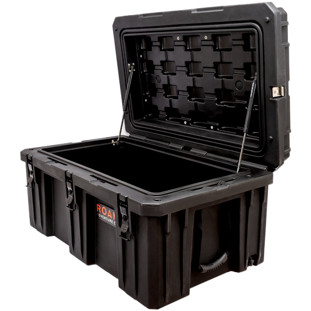 Two ROAM 160L Rugged Cases stacked using the interlocking design