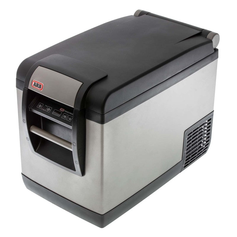 ARB 50QT fridge freezer with lid open showing interior basket