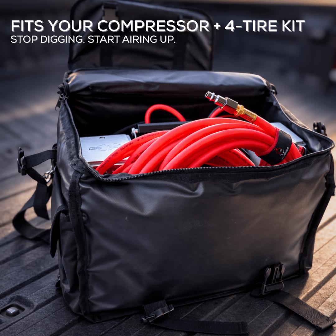 Thor's Lightning Air System storage bag – bag packed with a red air hose and compressor