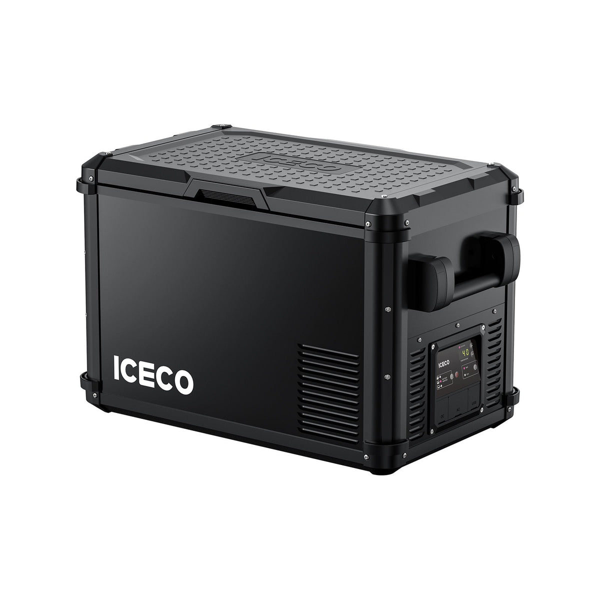 ICECO VL45ProS portable freezer in black, front three-quarter view with the lid closed