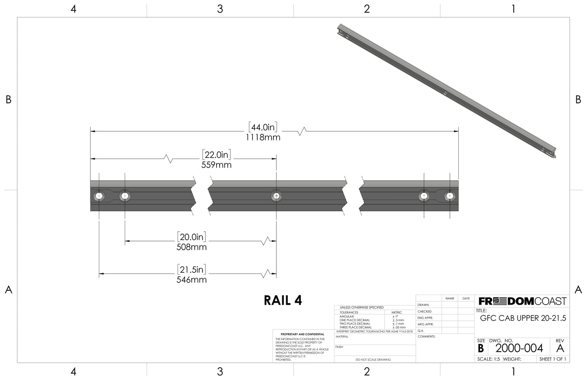 Dimension drawing of GFC Freedom Track Rail 4 for the cab upper