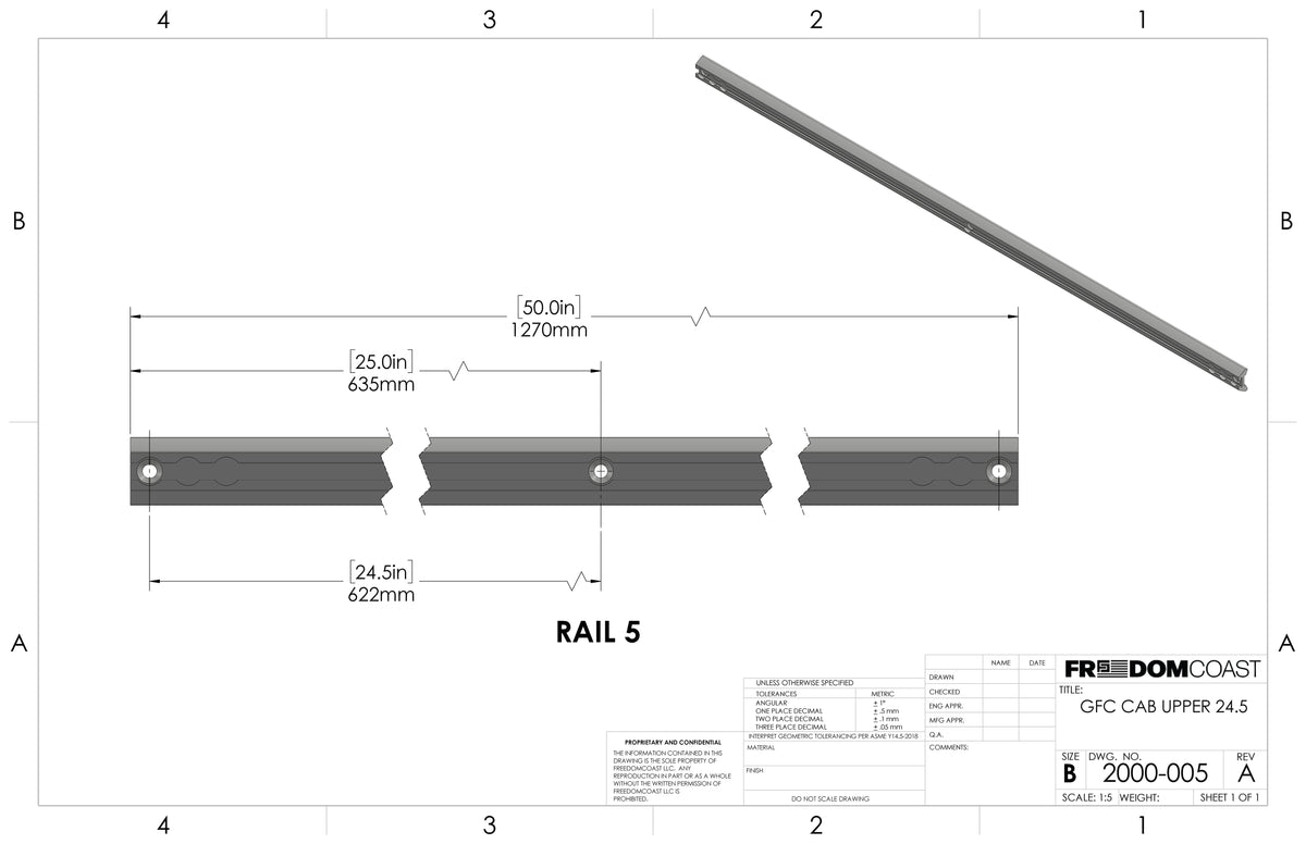 Dimension drawing of GFC Freedom Track Rail 5, 24.5 inch cab upper
