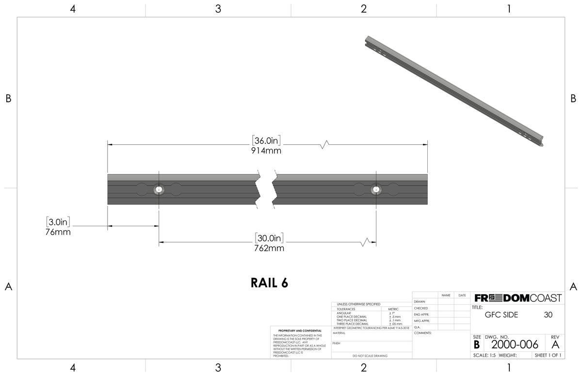 Dimension drawing of GFC Freedom Track Rail 6, 30 inch side upper