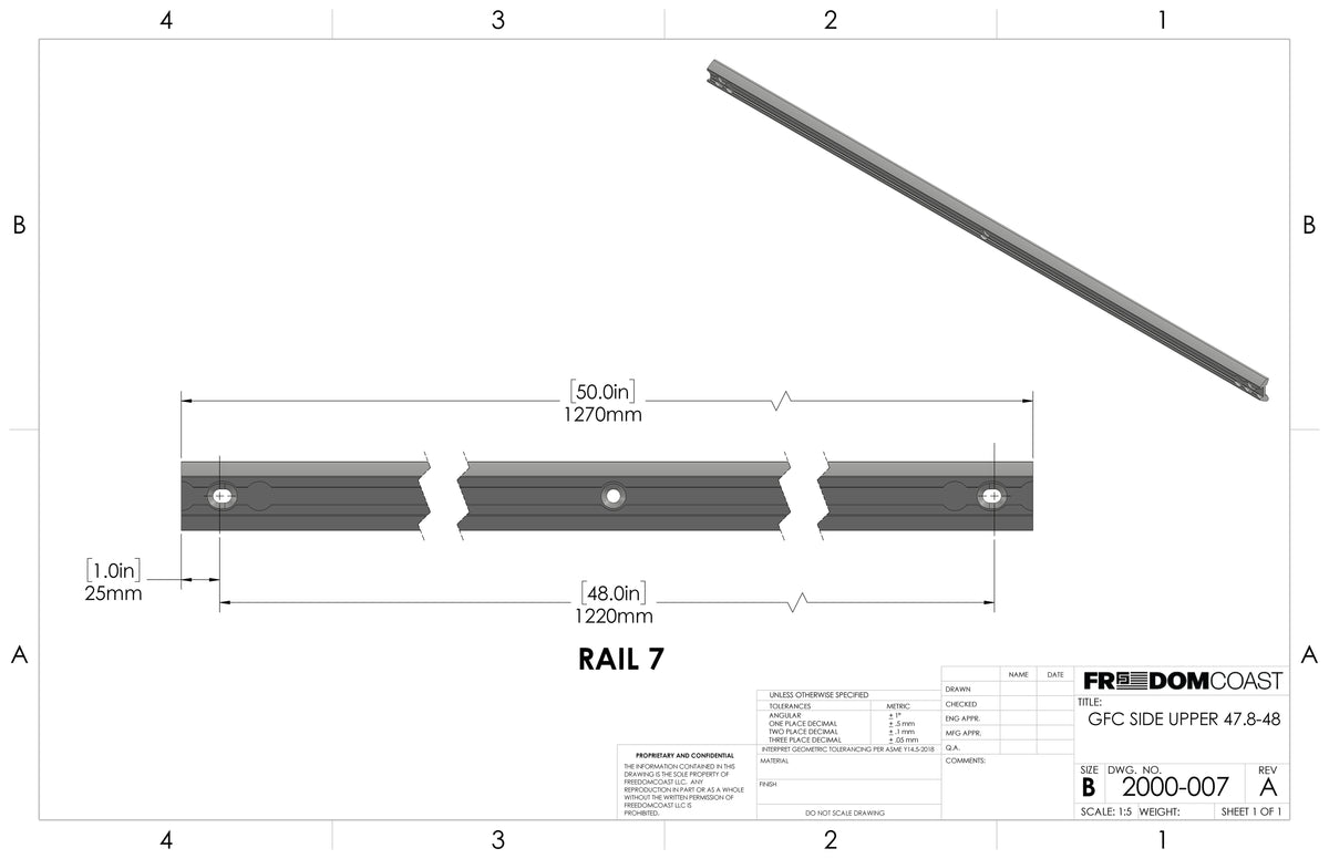 Dimension drawing of GFC Freedom Track Rail 7, 48 inch side upper