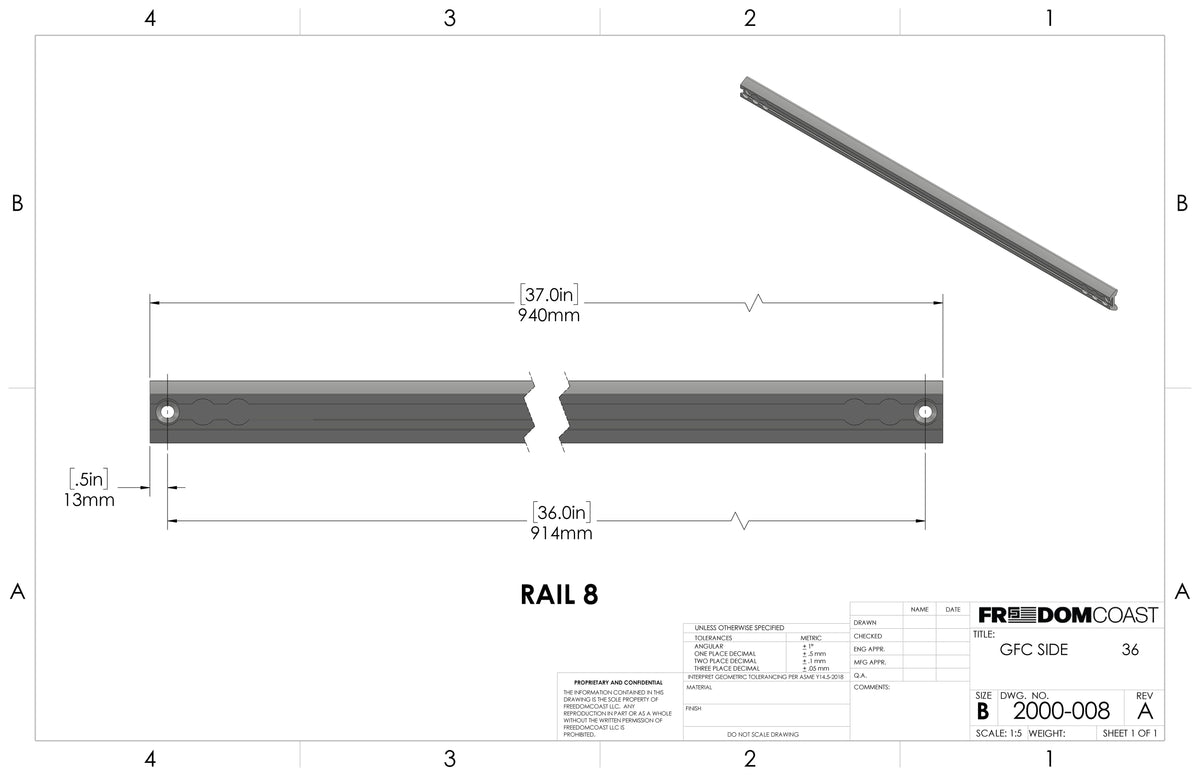 Dimension drawing of GFC Freedom Track Rail 8, 36 inch side upper