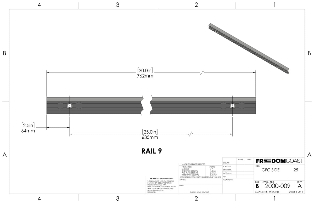 Dimension drawing of GFC Freedom Track Rail 9 for the side upper