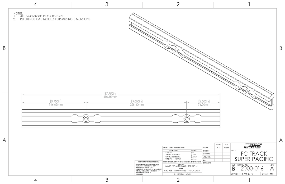 Dimension drawing of the 17.75 inch Super Pacific Freedom Track rail