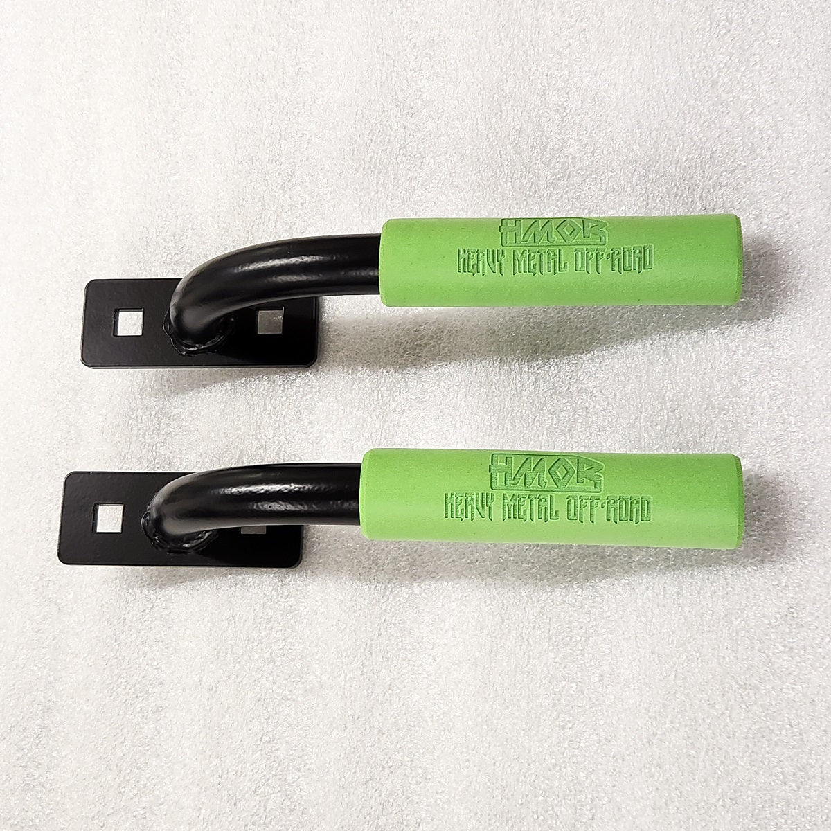 Pair of HMOR ROCK-IT grab bars with lime green grips