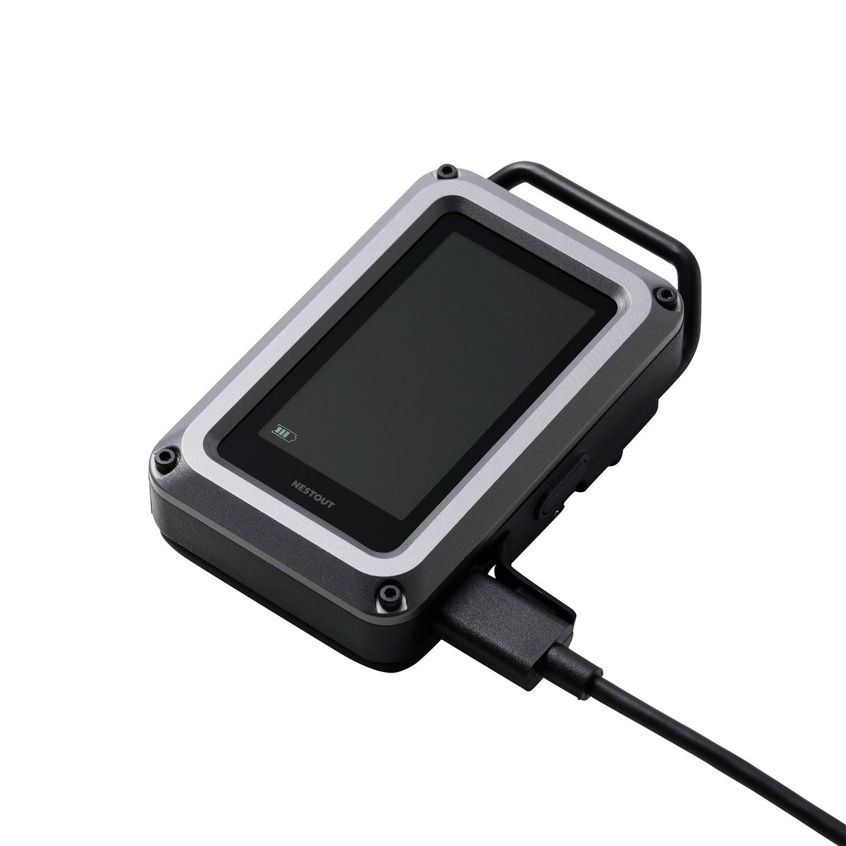 Close-up angled view of the NESTOUT CO Alarm's screen with its USB-C charging cable plugged into the side port
