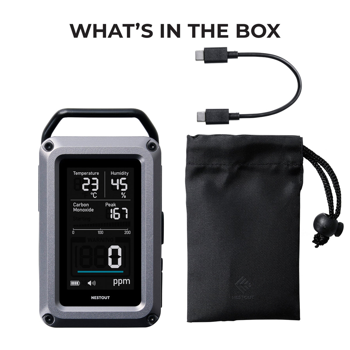 What's in the box: NESTOUT CO Alarm unit, USB-C to USB-C charging cable, and black drawstring carrying pouch
