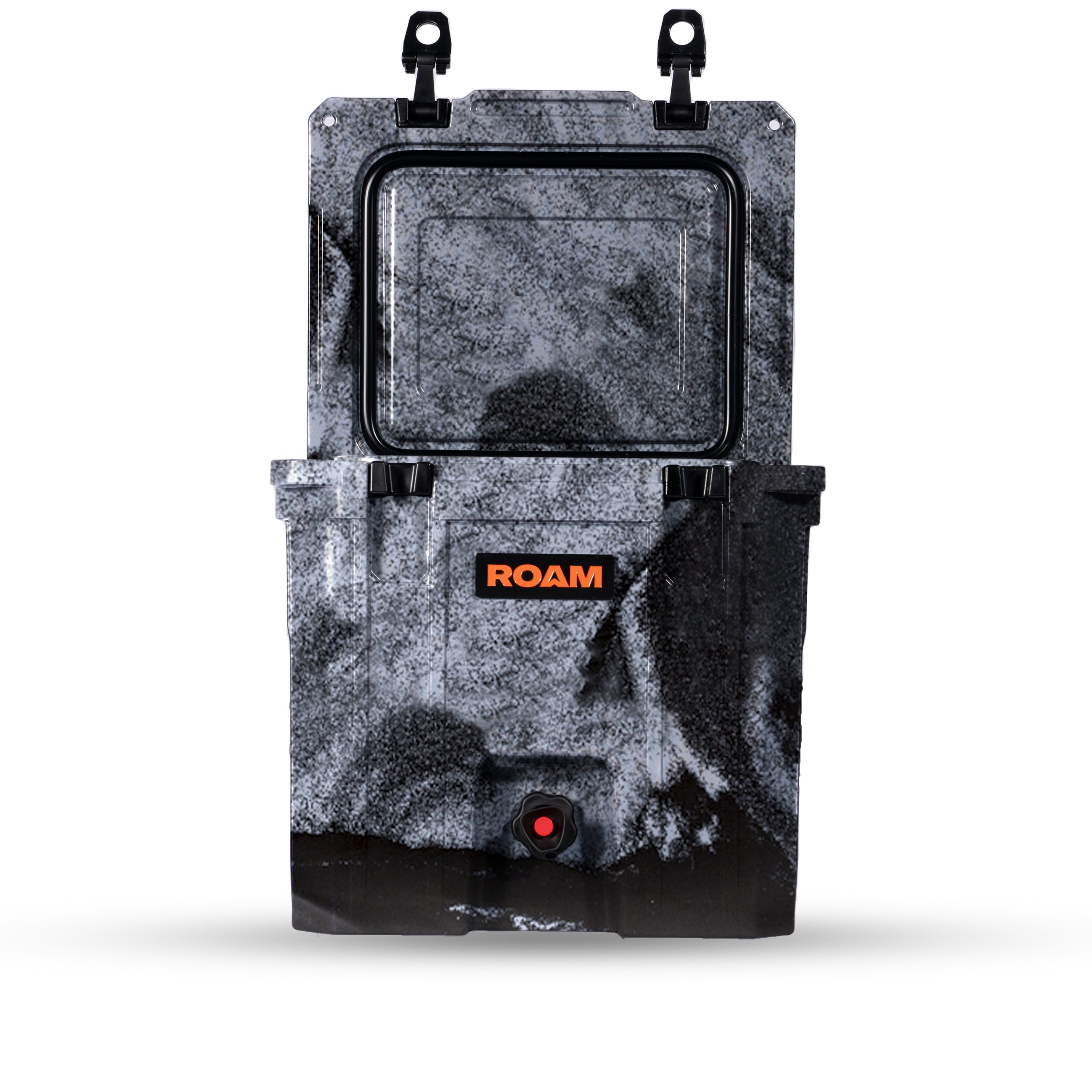 ROAM 20QT Rugged Drink Tank in White-Black Marble, lid open