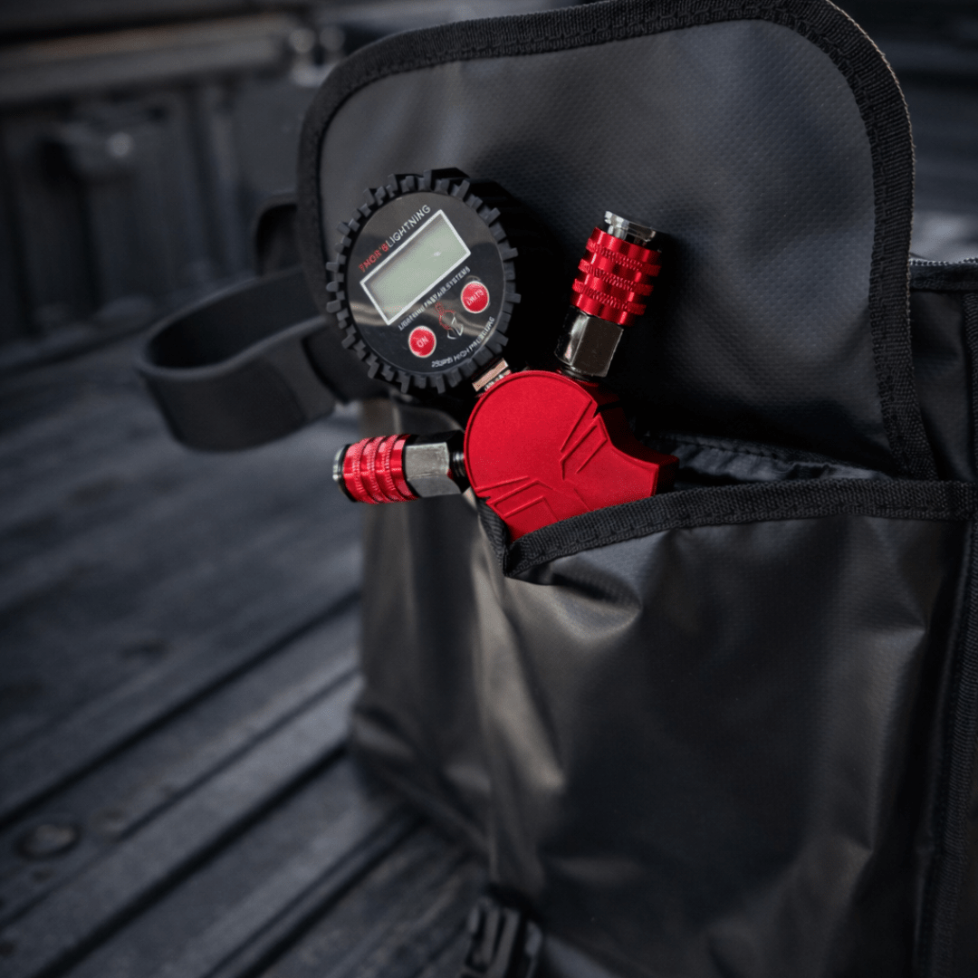 Thor's Lightning Air System storage bag – tire gauge and valve tools in the front pocket