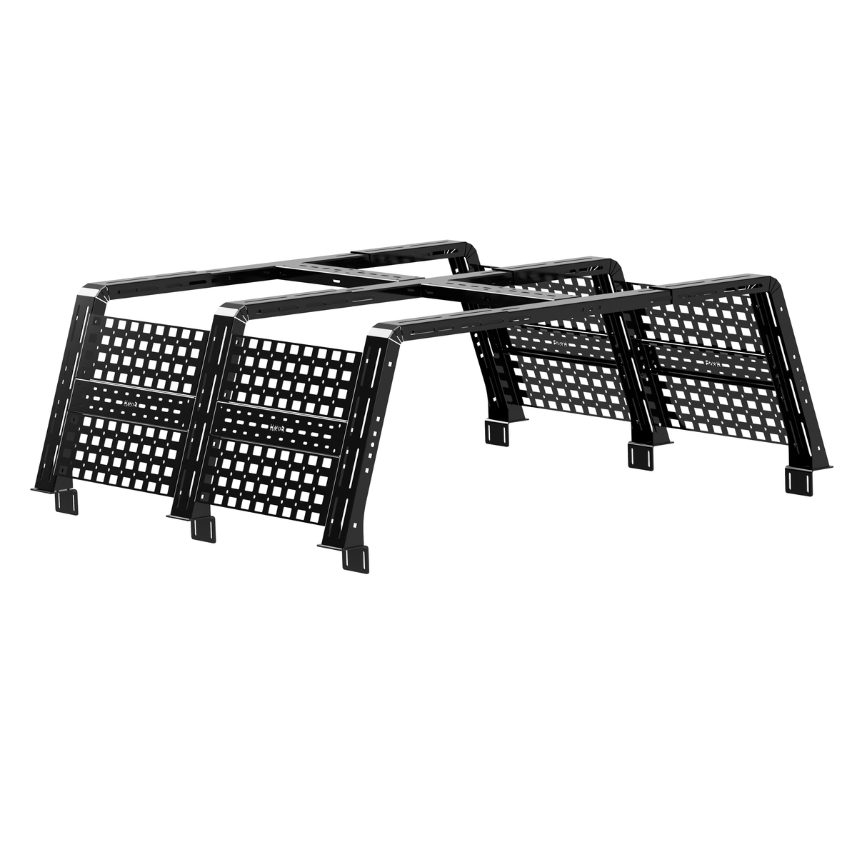 HMOR ROCK-IT bed rack for 2023-2026 Ford Super Duty, black powder-coated render, tall height with MOLLE side panels