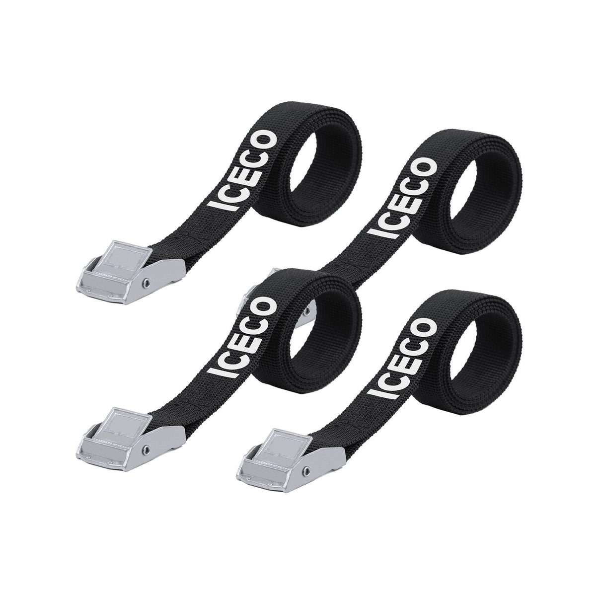 Four black ICECO tie-down straps with buckles