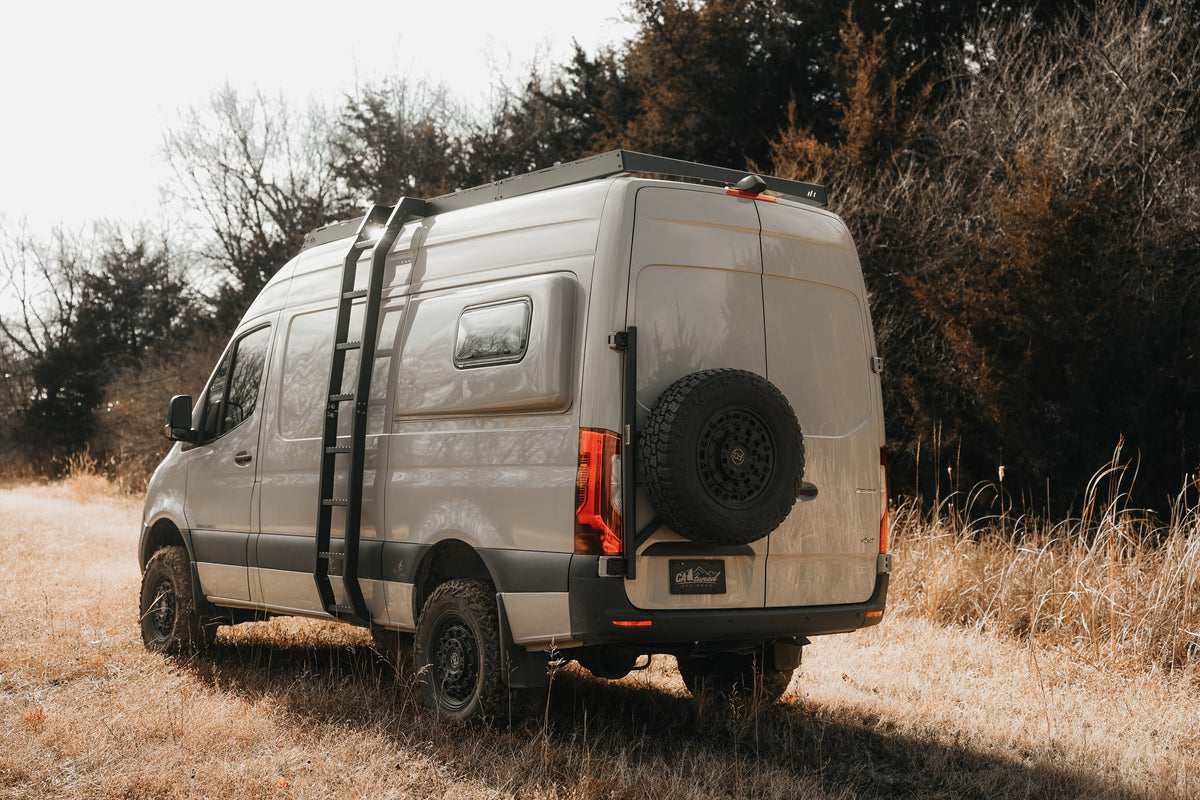 Van with a rear-mounted spare tire carrier parked in a dry field