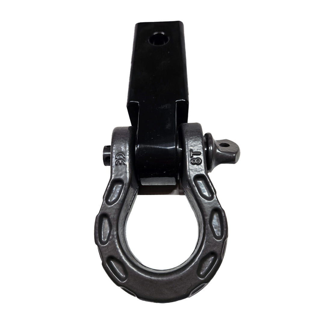 Black D-ring shackle on a hitch receiver, front view