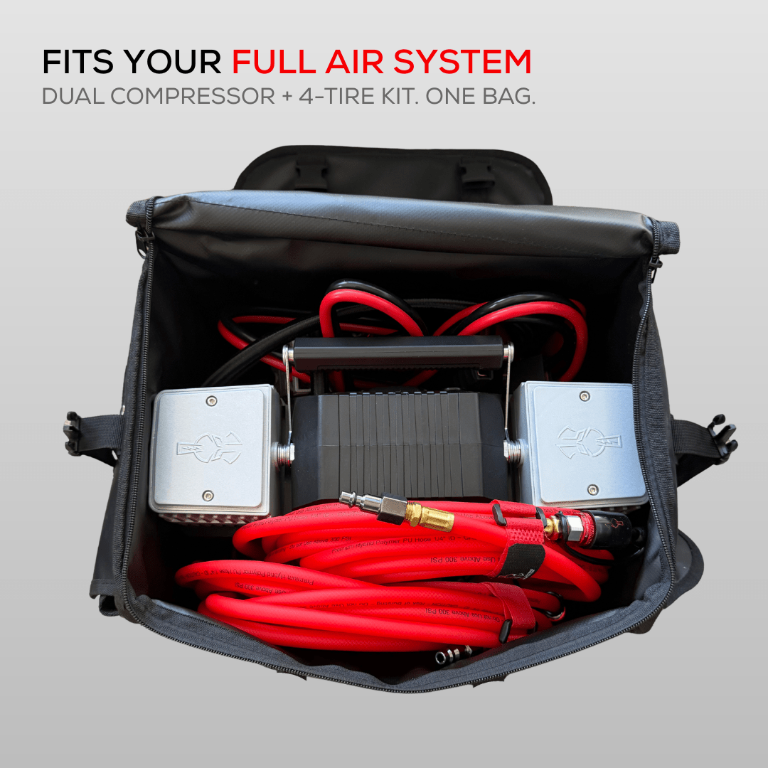 Thor's Lightning Air System storage bag – bag packed with dual compressors and red air hose