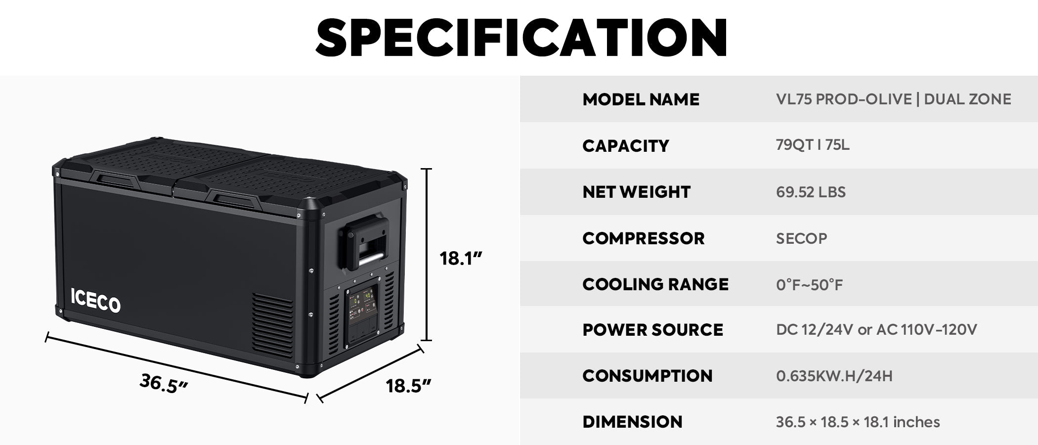 VL75ProD 12V Heavy Duty Fridge Freezer | ICECO | 75 LT VL Pro Series ICECO- Overland Kitted