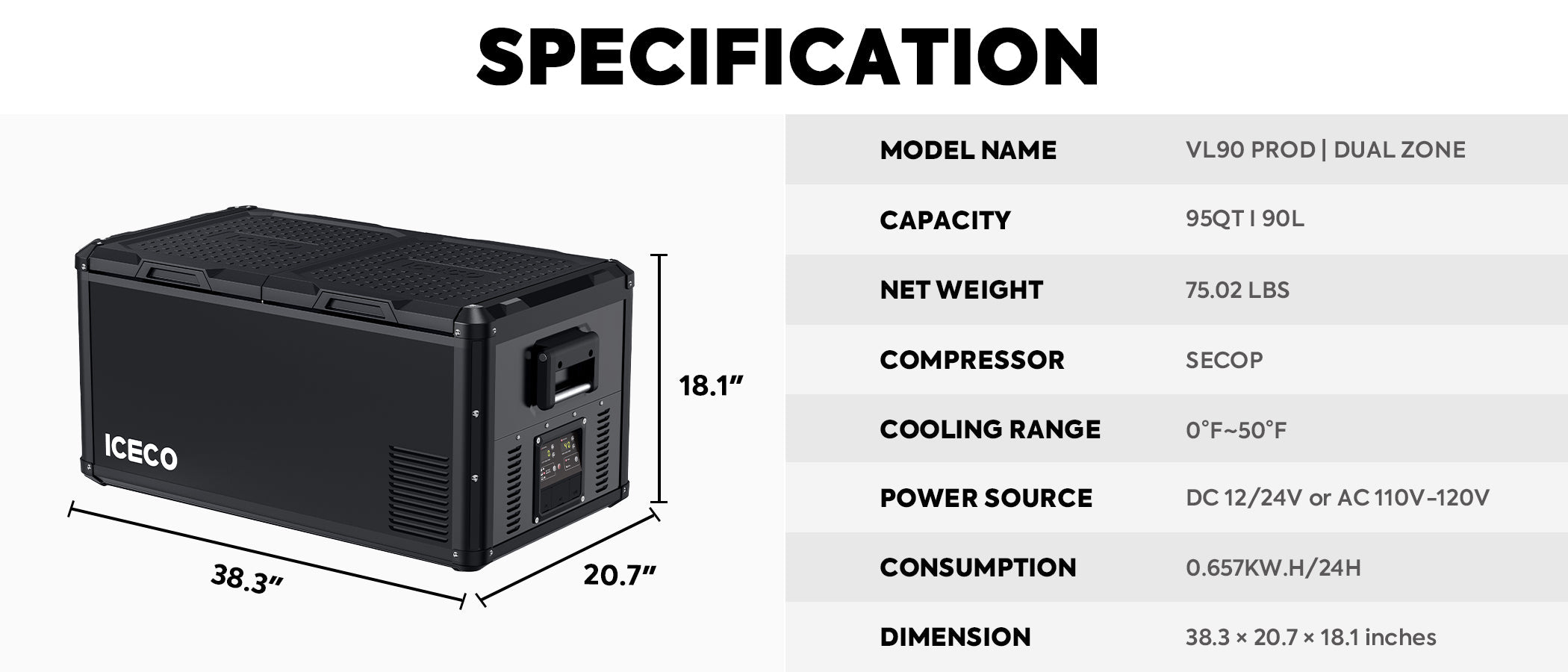 VL90ProD Dual Zone RV 12 volt Fridge Plug in Cooler | ICECO | 90 LT VL Pro Series ICECO- Overland Kitted