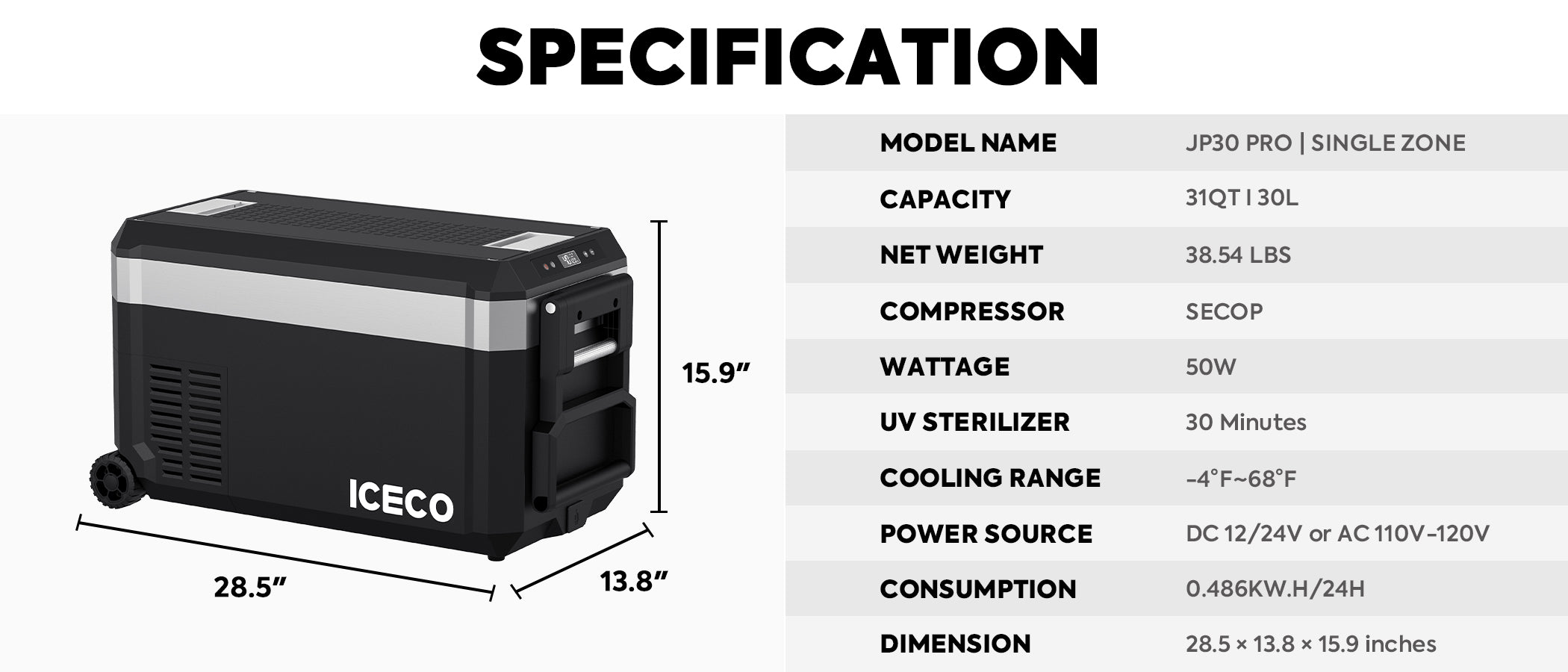 JP30 Pro Single Zone Wheeled Portable Freezer With Cover | ICECO | 30 LT JP Pro Series ICECO- Overland Kitted