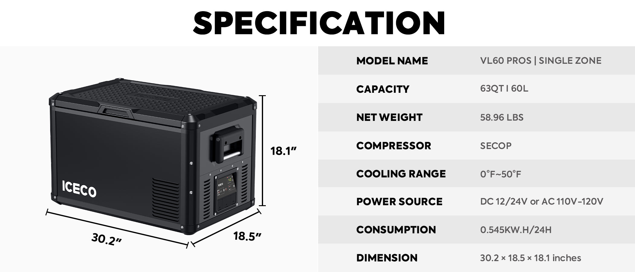 VL60ProS Single Zone Portable Fridge Electric Cooler | ICECO | 60 LT VL Pro Series ICECO- Overland Kitted