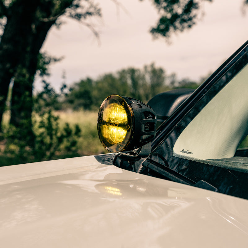 Close-up of a RIGID 4in 360-Series Drive LED pod from the Bronco Sport A-pillar kit