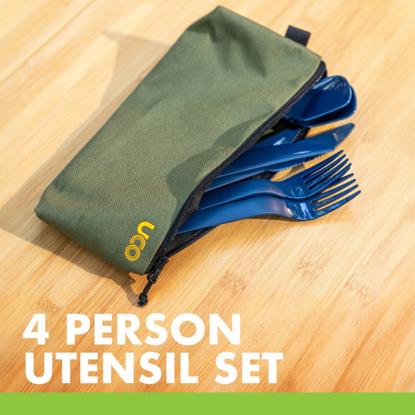 Olive green utensil case standing upright with utensils fanned beside it, labeled '4 Person Utensil Set'