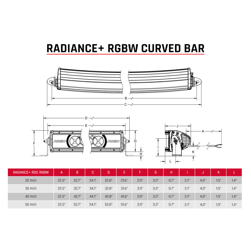 Rigid Radiance+ Curved 50in RGBW light bar with white forward-projecting beam