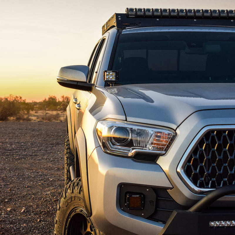 Rigid D-SS PRO flood pods installed on Toyota Tacoma A-pillars