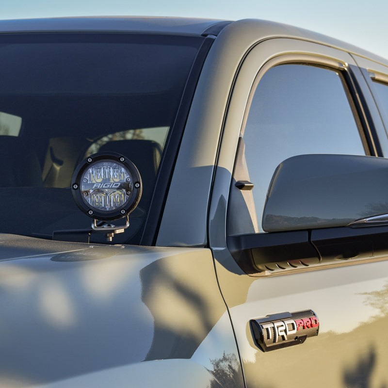 Detail of Rigid Industries stainless steel A-pillar mounting bracket for Tacoma