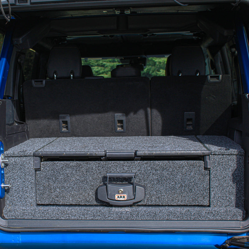 ARB Outback Solutions roller drawer fit kit installed in a Ford Bronco cargo area