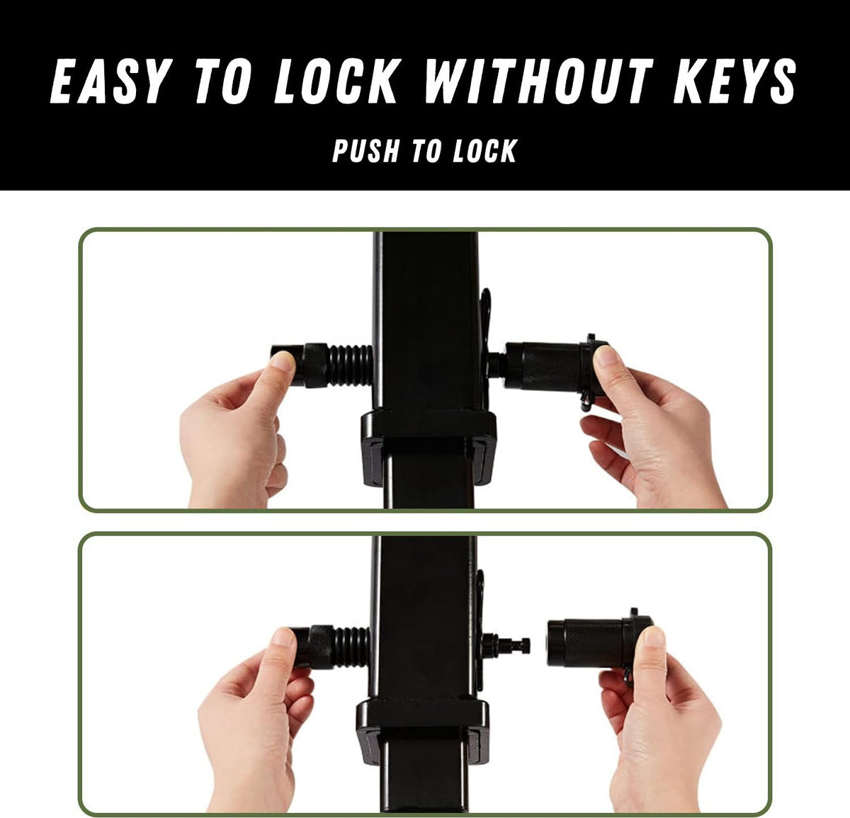 Graphic showing hands pushing the lock into a hitch receiver without a key