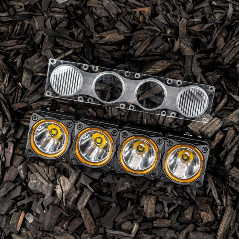 KC HiLiTES FLEX ERA Clear Spot Beam Lens for LED Light Bars, shown with included parts