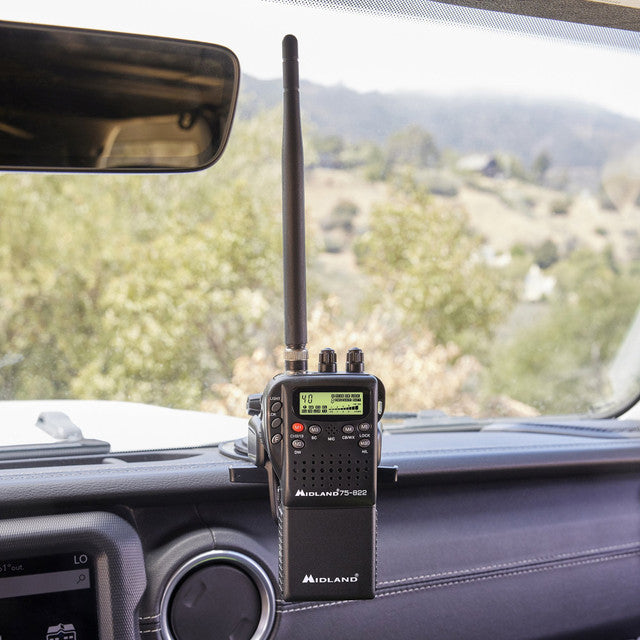 Midland 75-822 2-in-1 handheld and mobile CB radio, side view