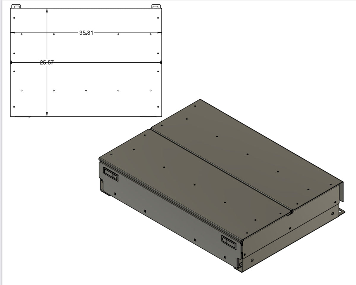 Drawing of the JLU drawer top with dimensions and an isometric view