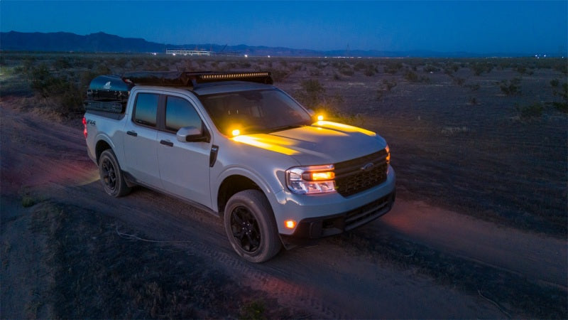Stainless A-pillar bracket mounted on a 2022+ Ford Maverick holding Rigid pod lights