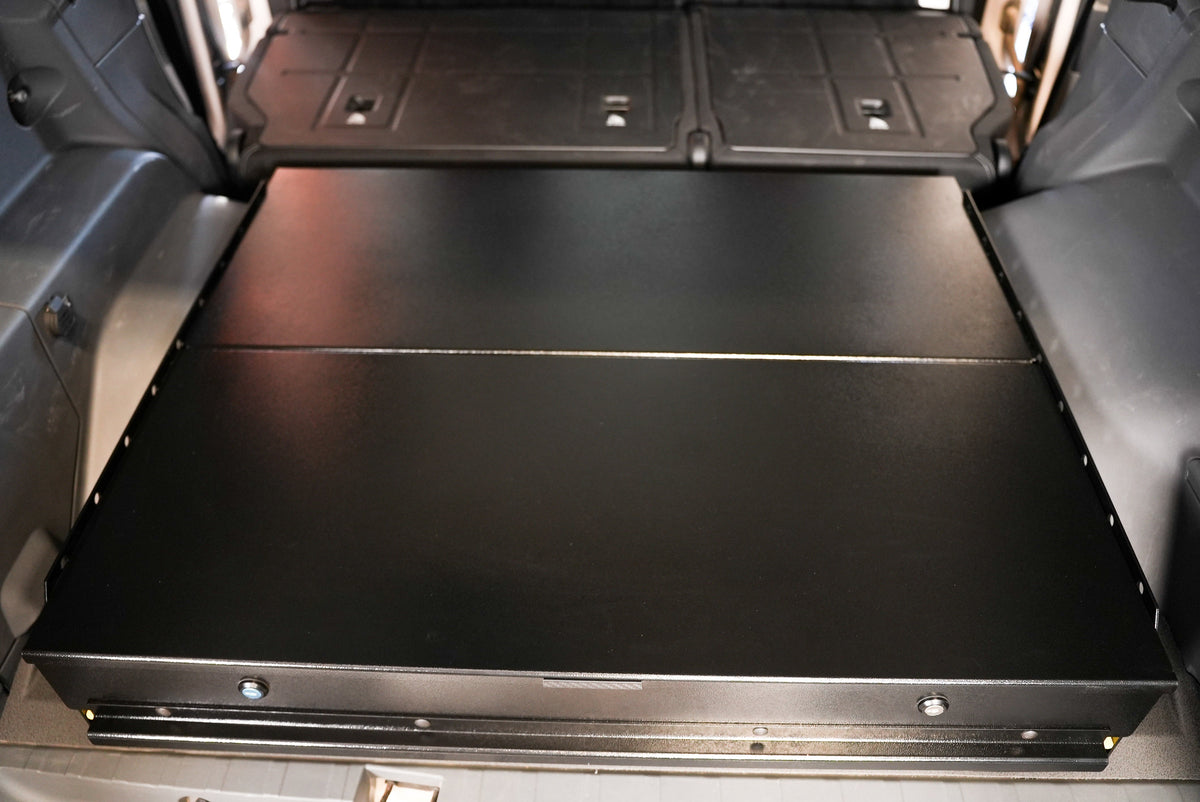 Grenadier drawer top closed over the slide floor, rear view