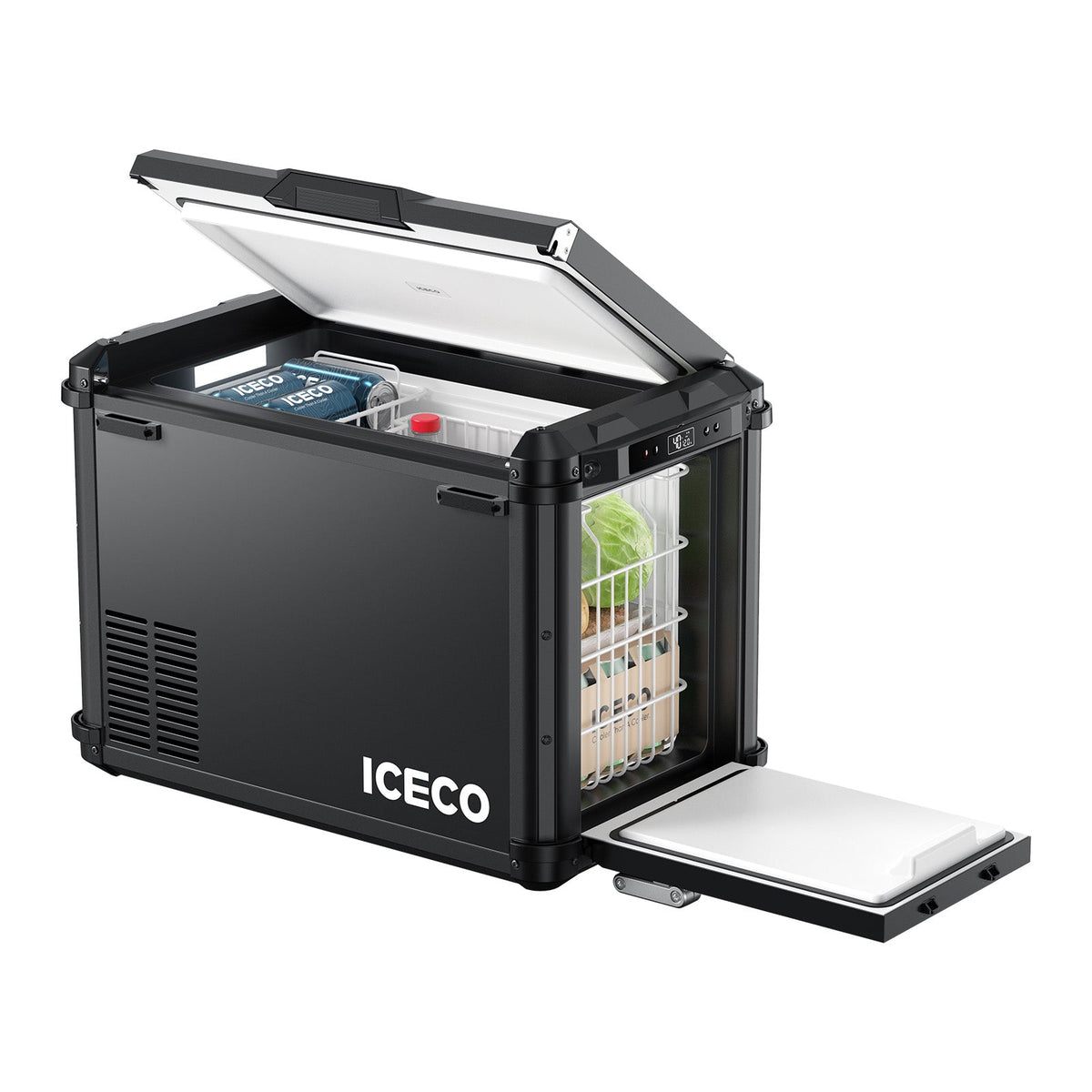 ICECO VL45Plus with the lid open and the side drawer pulled out, showing food and drinks inside