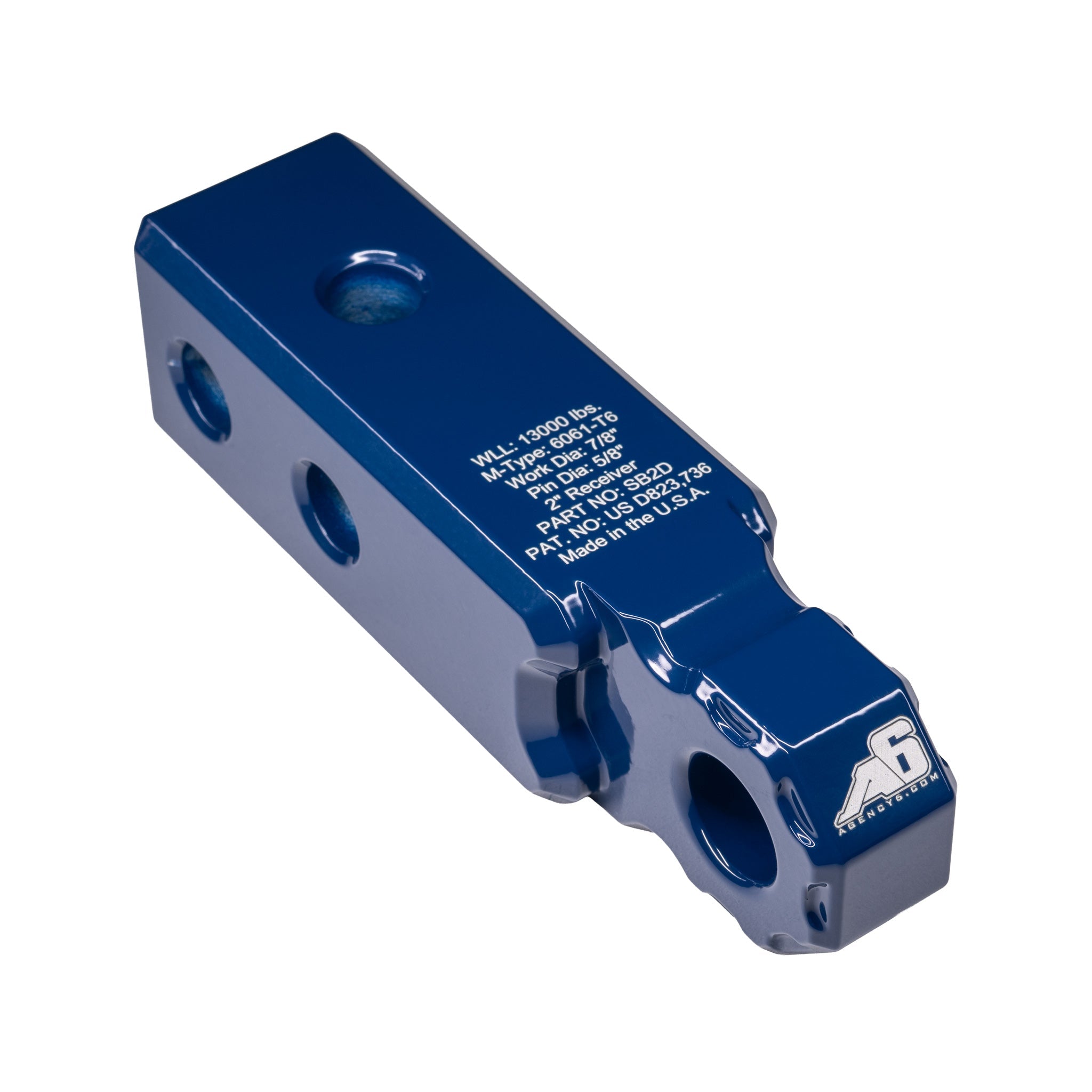 Blue Agency 6 hitch shackle block, quarter top view