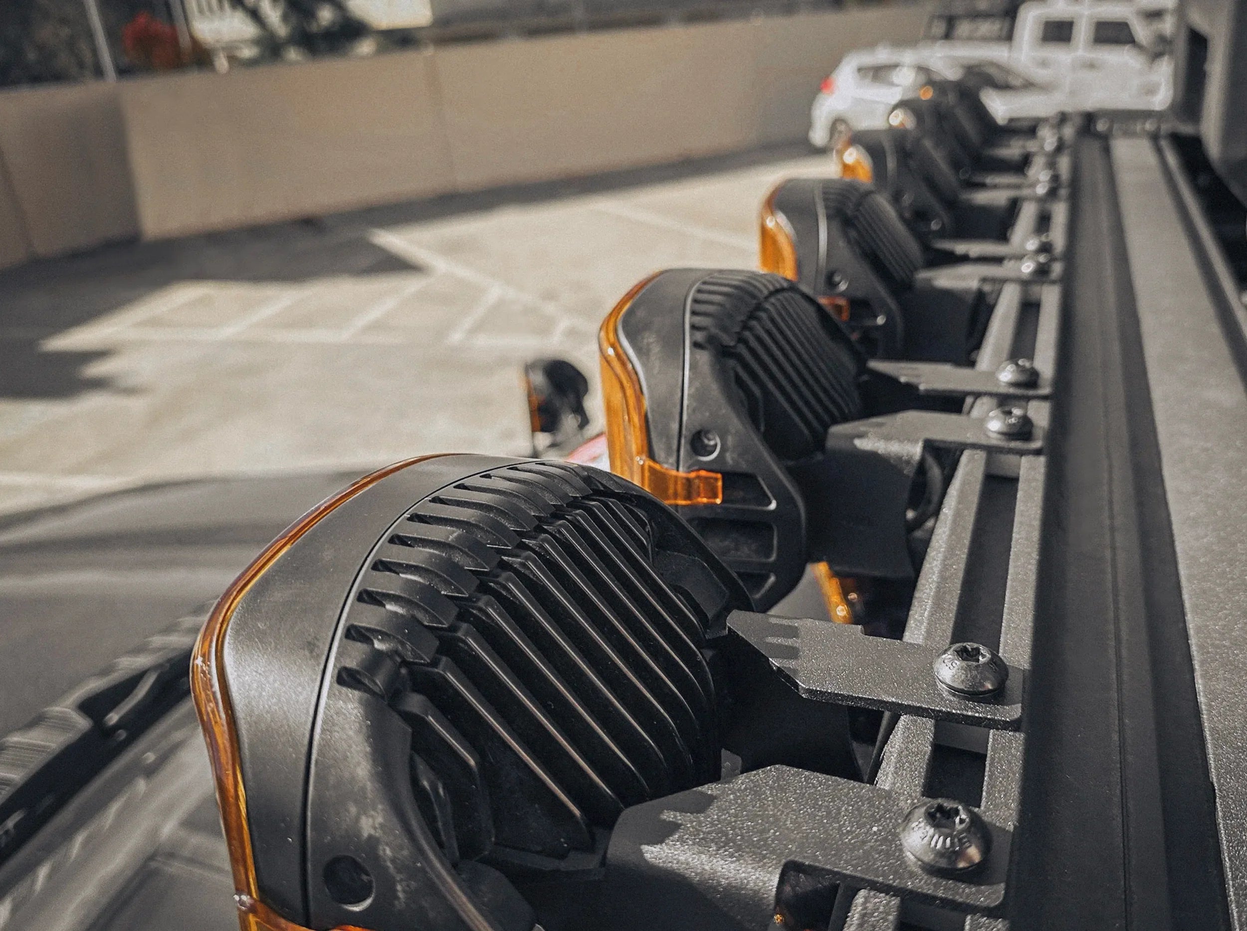 BEHIND LOOK OF LED LIGHTS MOUNTED TO ACS ROOF RACK USING ACS ROOF LIGHT BRACKETS