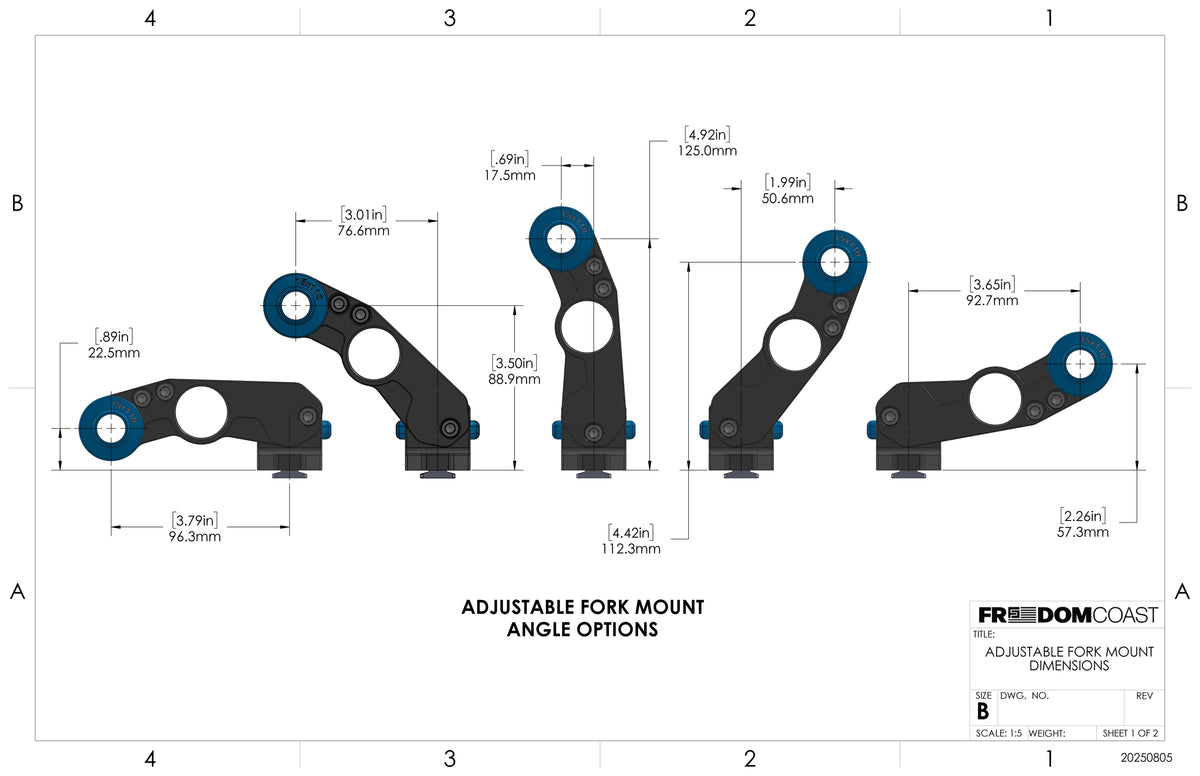 Adjustable fork mount drawing showing five arm positions and axle heights