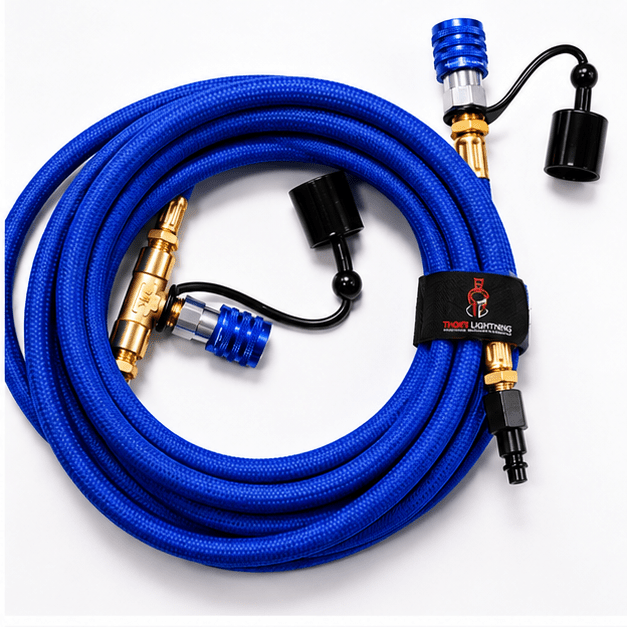 Single coiled blue StrikeShield braided hose with quick-connect fitting, product photo on white background