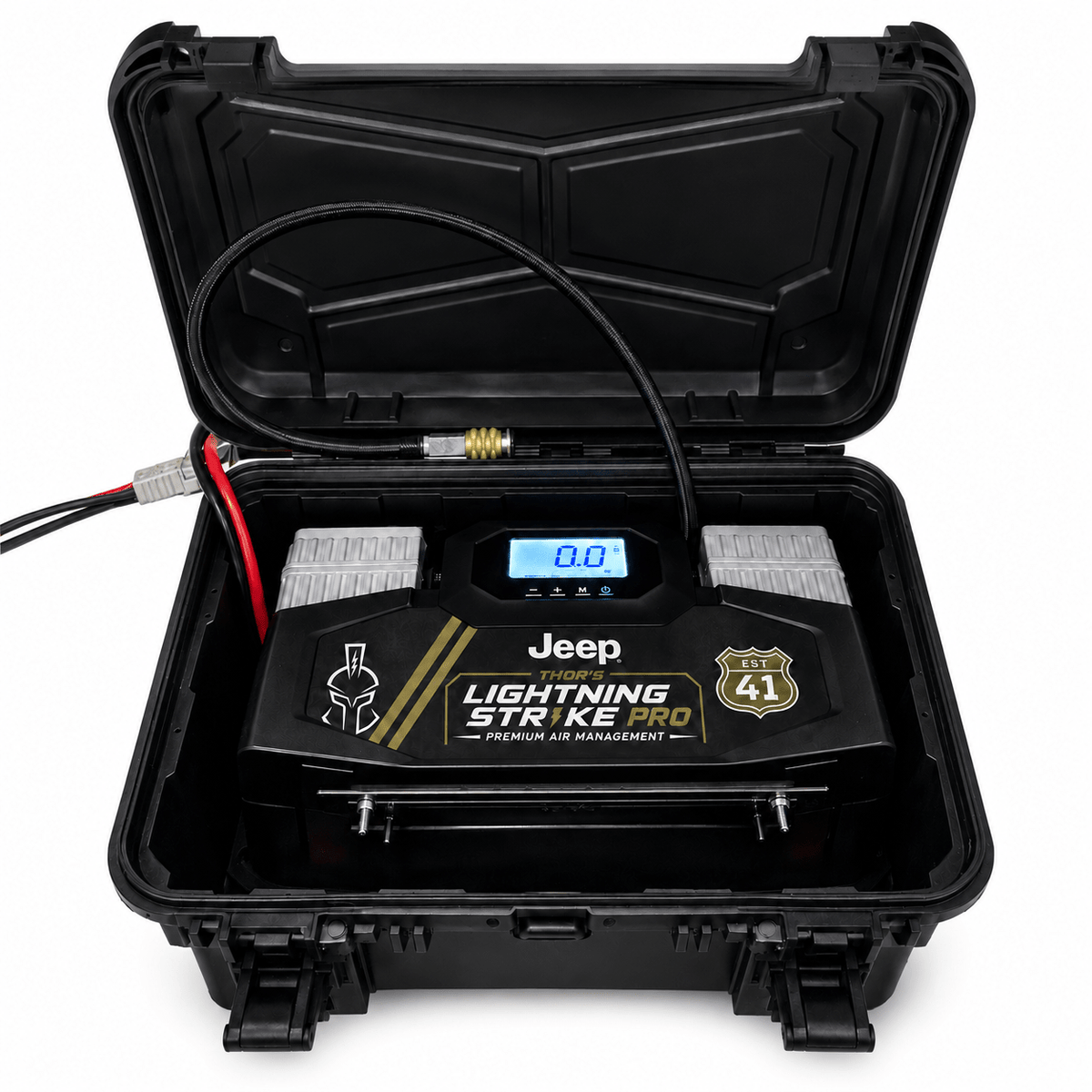 AirVault StrikePro compressor system with Jeep faceplate, shown inside its open lockable hard case, white background